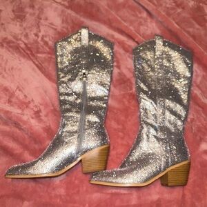 Glitter Silver Western Ankle Boots with Block Heel